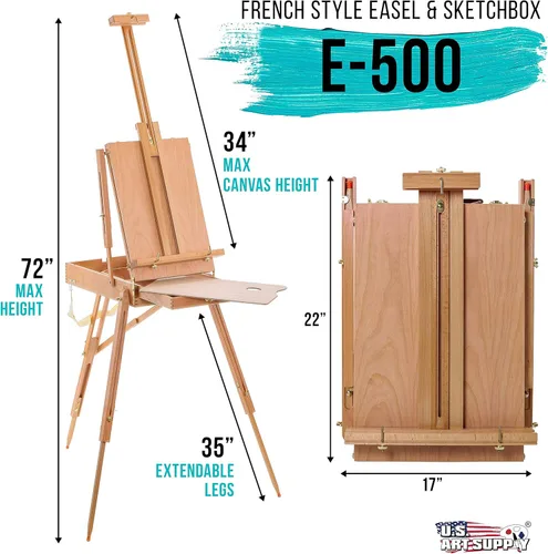 Miniatura 2 de U.S. Art Supply Caballete Francés Grande de Madera de Haya, Caballetes Ajustables Plein Air Caja de Bocetos Trípode para Campo y Estudio Caballete