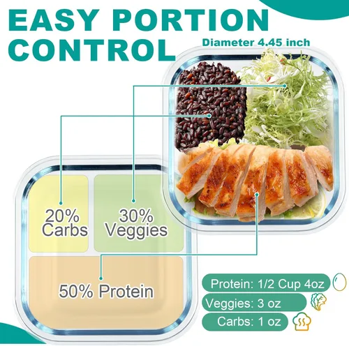 Miniatura 3 de Paquete de 3 recipientes bariátricos de preparación de comidas, cuencos de vidrio de 8 onzas para control de porciones, lonchera de vidrio