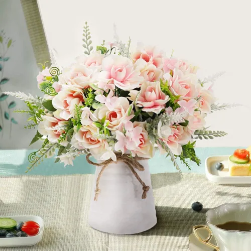Miniatura 2 de LESING Flores artificiales con jarrón para centros de mesa, flor de gardenia de seda falsa en decoración de jarrón para fiesta en casa oficina (rosa)