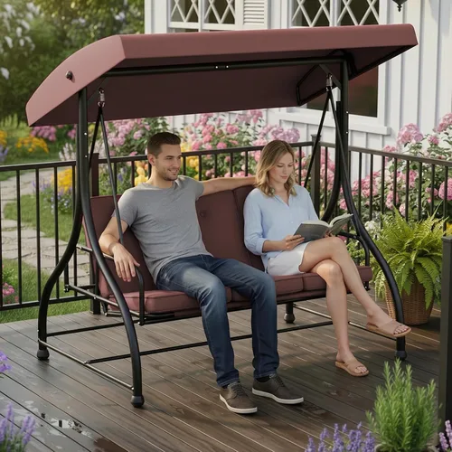 Miniatura 7 de Columpio para porche al aire libre de 3 asientos con soporte, capacidad de 760 libras, columpio de patio resistente para adultos, columpio Marrón