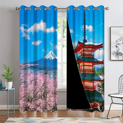 Miniatura 133 de Cortinas japonesas con pintura de tinta, monte Fuji, sol rojo, puesta de sol, hojas de bambú, cortinas de ventana para dormitorio, sala de estar