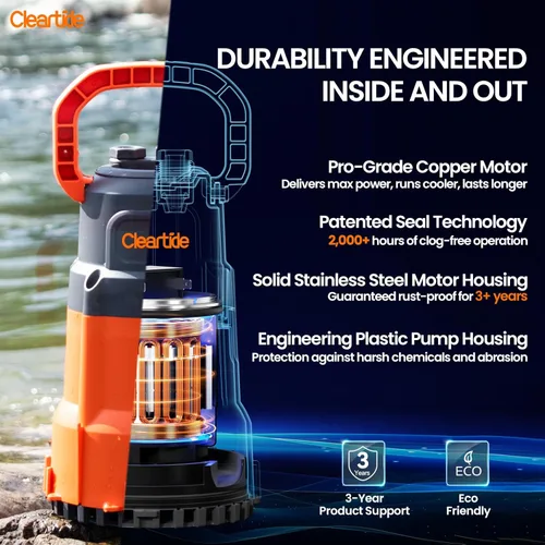 Miniatura 4 de Cleartide Bomba de sumidero sumergible, bomba de agua utilitaria de 1/3 HP para drenaje de piscinas, jacuzzi, sótano, motor 100% de cobre, bomba