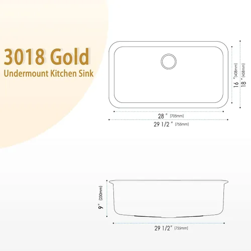 Miniatura 4 de Fregadero de cocina dorado de 30 pulgadas, fregadero de cocina de acero inoxidable SUS304 de montaje inferior, fregadero de cocina grande y profundo