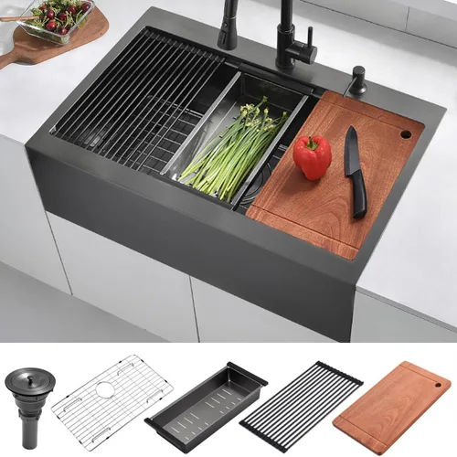 Miniatura 10 de Luckyhorse LH008SZ - Fregadero de cocina negro de 28 x 22 pulgadas con caída en la parte superior, estación de trabajo, fregadero de cocina