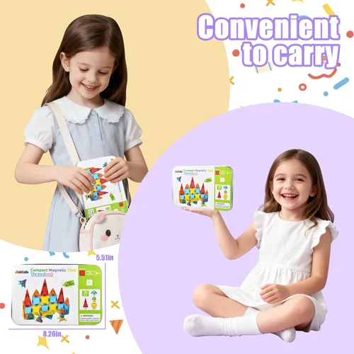 Miniatura 3 de Mini azulejos magnéticos, juego de 70 azulejos magnéticos de viaje con caja de hierro, bloques de construcción magnéticos portátiles para niños de 3