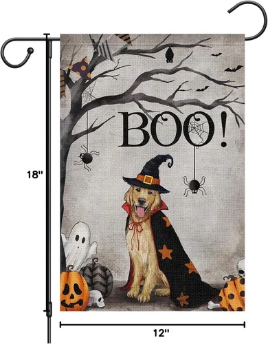 Miniatura 7 de Heyfibro Bandera de jardín de perro Golden Retriever de Halloween de 12 x 18 pulgadas, arpillera de doble cara, fantasma, rústico, decoración