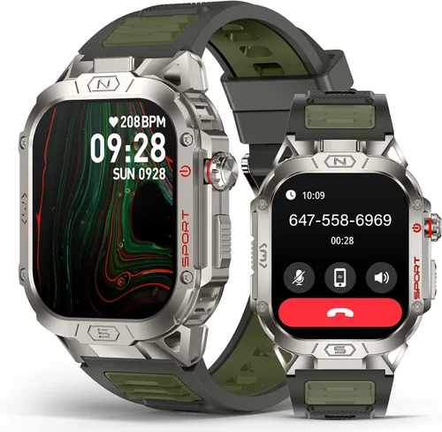 Miniatura 9 de Reloj inteligente militar para hombre, reloj inteligente deportivo al aire libre de 2.02 pulgadas con linterna, frecuencia cardíaca, oxígeno y Negro