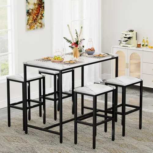 Miniatura 4 de Yongchuang Juego de mesa de bar de 5 piezas, juego de mesa de bar de cocina y sillas de 4 piezas, mesa moderna de metal de altura de mostrador