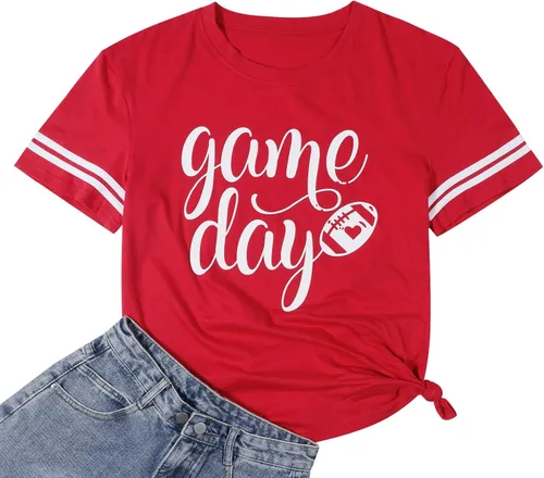 Camisetas para el día del juego para mujer, camiseta gráfica de fútbol divertida, linda camiseta de competencia, camiseta casual de manga corta