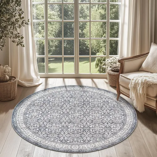 Miniatura 175 de Jinchan Fiora - Alfombra redonda de 8 pies, alfombras vintage con diseño floral envejecido, lavable a máquina, antideslizante, de pelo bajo, Azul