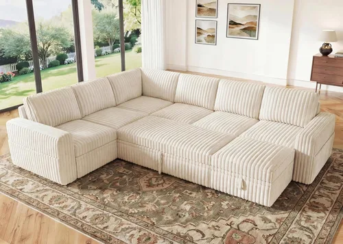 Miniatura 19 de HONBAY - Sofá seccional modular con cama desplegable, sofá en forma de L de pana con almacenamiento, sofás seccionales para sala de estar, verde