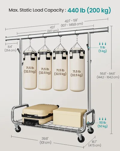 Miniatura 5 de SONGMICS Perchero de Ropa, Perchero de Ropa Rodante de Servicio Pesado con Ruedas, Barra Colgante Extensible y Altura Ajustable, Portátil, con Plata