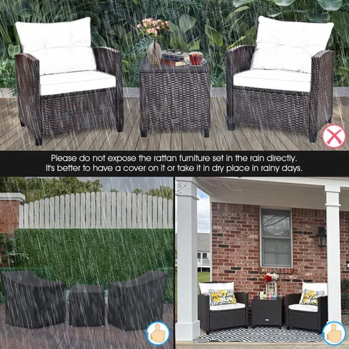 Miniatura 8 de HAPPYGRILL Juego de 3 piezas de mimbre para patio, juego de sofá bistró de ratán PE con mesa de centro de vidrio templado, cojines lavables, juego