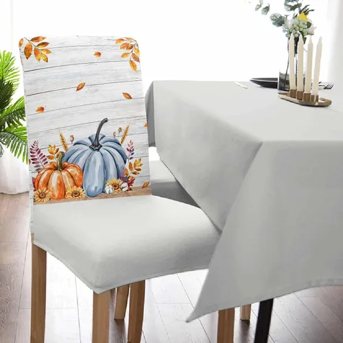 Miniatura 5 de Juego de 6 fundas elásticas para sillas de comedor con diseño de calabaza de Acción de Gracias, juego de 6 hojas de otoño, color azul, grano