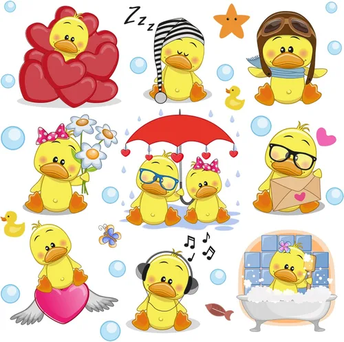 Miniatura 2 de Calcomanías de pared de lindo pato amarillo para despegar y pegar, juego de calcomanías de pared de pequeño pato amarillo y burbujas, calcomanías