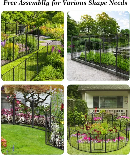 Miniatura 4 de Valla decorativa de metal negro para jardín con puerta, 50 pies de largo y 40 pulgadas de alto, 22 paneles de valla sin excavación, valla de barrera
