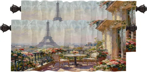Miniatura 120 de Cortinas opacas de cocina con pintura al óleo de Europa rosa y negra para ventanas, cenefas opacas modernas de torre Eiffel de poliéster multicapa