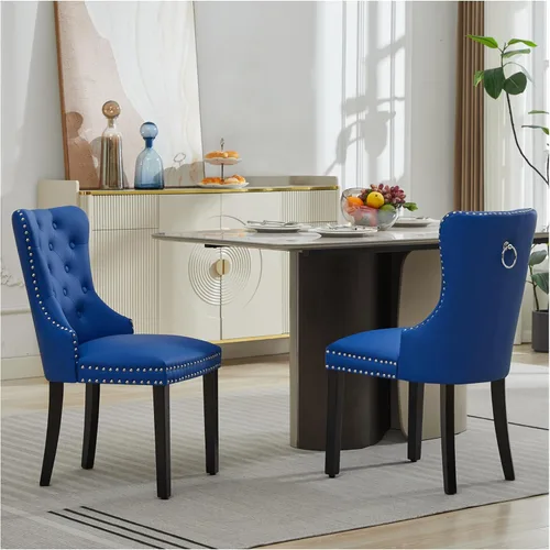 Miniatura 10 de adochr Juego de 2 sillas de comedor de terciopelo, sillas de comedor tapizadas acolchadas con anillo de tracción y patas de acero inoxidable, beige