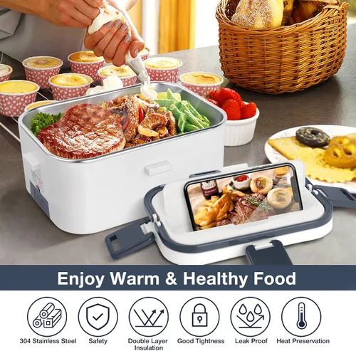 Miniatura 2 de hatisan Fiambrera eléctrica, calentador de alimentos portátil, lonchera térmica, contenedor de almuerzo calentador para adultos, 60 W, 1.8 L, 12