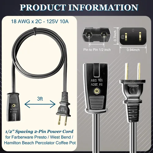 Miniatura 3 de HASMX Percolator - Cable de alimentación para cafetera Farberware modelo 138B 142A 142B 142NT, cable de 2 pines, color negro, 3 pies de longitud