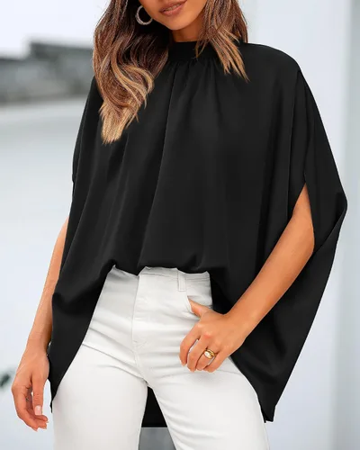 Miniatura 140 de BTFBM Blusas de verano para mujer, cuello alto falso, manga murciélago, holgadas, dobladillo alto y bajo, blusas informales de gran