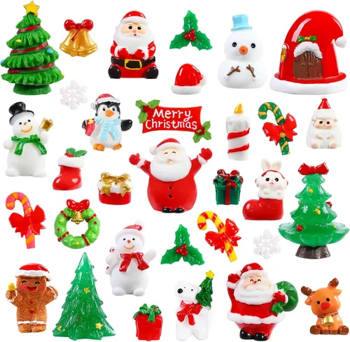 DIYDEC 32 piezas de figuras en miniatura de Navidad, mini figuras de resina para esconder pequeños adornos de resina de Papá Noel, muñeco de nieve,
