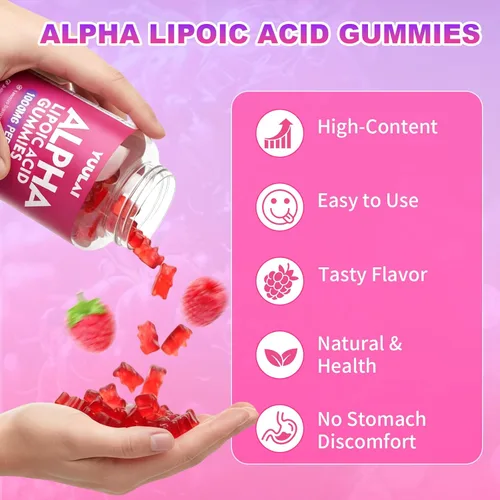 Miniatura 6 de Gomitas de ácido alfa lipoico de 1000 mg con biotina, suplemento de ALA masticable de alta absorción para antioxidantes, salud cerebral y apoyo