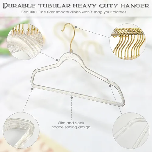 Miniatura 2 de Weysat 20 perchas de acrílico transparente de plástico dorado con purpurina antideslizante para ahorrar espacio, traje resistente para colgar ropa