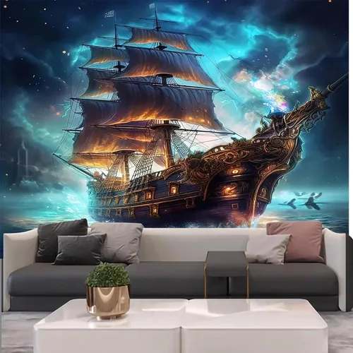 Miniatura 3 de FENDROM Tapiz náutico Decoración Fantasma Velero Arte de Pared Fantasía Paisaje Océano Náutico barco pirata Onda Vela Luna Tapices Colgantes