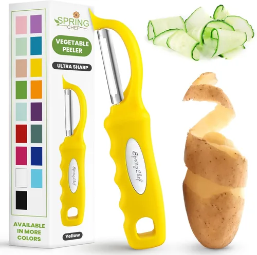 Miniatura 13 de Spring Chef Pelador de verduras giratorio profesional rojo para cocina, peladores de papas de acero inoxidable con mango de agarre suave, perfecto