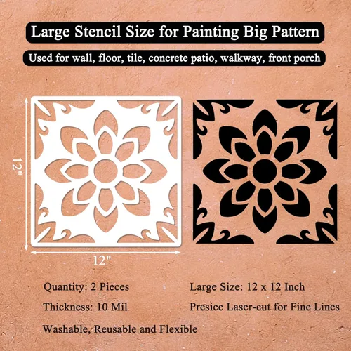 Miniatura 2 de Plantillas reutilizables para azulejos de piso, 2 plantillas de pared de mandala grandes de 12 x 12 pulgadas para pintar pisos, paredes, azulejos