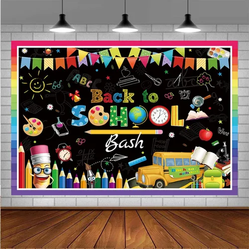 Telón de fondo de pizarra de regreso a clases, primer día de escuela, fiesta, lápiz, autobús escolar, decoración colorida para niños, cabina de