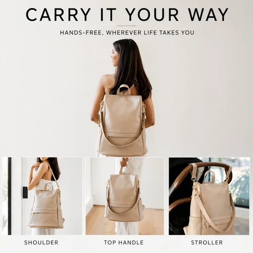 Miniatura 6 de MIA + SOPHIA Mochila de cuero para pañales con puerto de carga USB, cambiador, correas para cochecito y portabotellas (Marrón Mia)