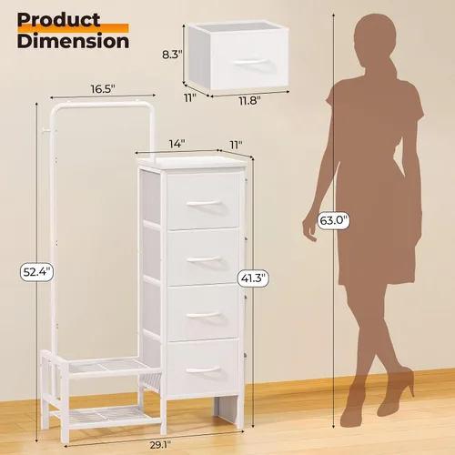 Miniatura 2 de Cómoda con estante para colgar, perchero de 52 pulgadas de alto con cajones, 4 cajones y 4 bolsas laterales, cómoda de tela con estantes inferiores