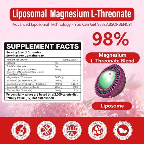 Miniatura 2 de Gomas de Treonato de Magnesio Liposomal de Alta Potencia 3000mg, Mejora Liposomal con 98% de Absorción, Suplementos de Treonato de Magnesio L