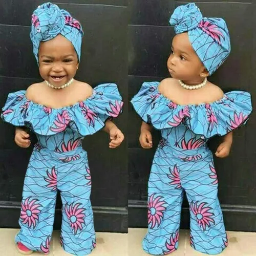 Miniatura 2 de Enterizo Dashiki con hombros descubiertos y diadema para niñas africanas de 18 meses (azul, 3-6 meses), Azul