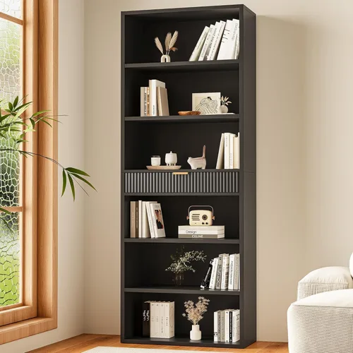 Estantería de 72 pulgadas de alto con almacenamiento, estantería de 7 niveles acanalada con cajón, estante organizador de libros con dispositivo