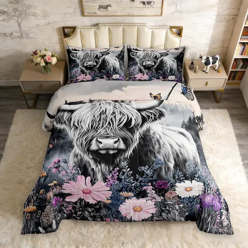 Erosebridal - Juego de funda de edredón con flores de vaca de las Highlands, tamaño Queen, diseño de ganado vacuno, montañas con humo, decoración