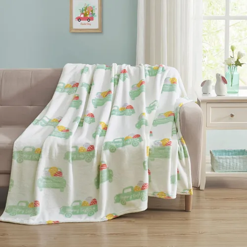Miniatura 39 de Manta de forro polar suave para primavera de niñas y niños: bebés, pollitos, pájaros, flores en suave y acogedor amarillo, verde, rosa sobre fondo