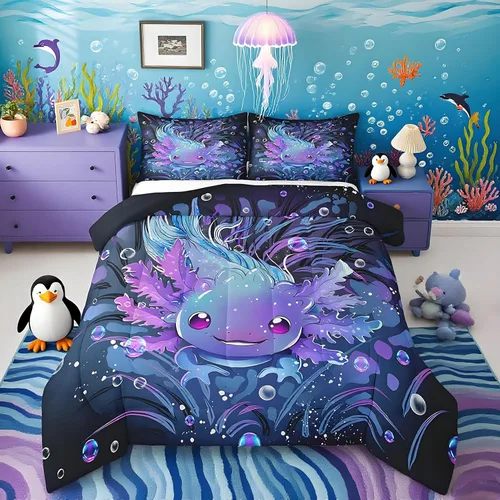 Feelyou Lindo juego de ropa de cama de ajolote para niños y niñas tamaño twin, juego de edredón de salamandra para niños, mujeres y hombres, edredón