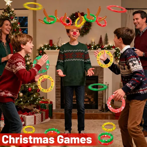 Miniatura 5 de Juegos de Navidad para niños, adolescentes y adultos, juego inflable de lanzamiento de anillos de cornamenta de reno, suministros de fiesta