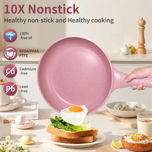 Miniatura 4 de Juego de 6 piezas de sartenes antiadherentes con tapas (8, 10, 11 pulgadas) para tortilla y huevo - 100% libre de PFOA/PFAS, antiadherente avanzado