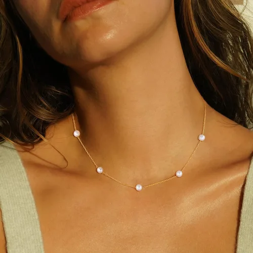 Miniatura 2 de Gargantilla de perlas para mujer, delicada cadena de perlas chapada en oro de 14 quilates, joyería de oro simple y moderna, regalo para niñas