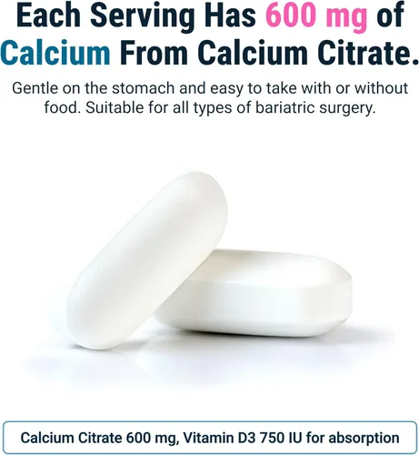 Miniatura 4 de BariatricPal Citrato de calcio fácil de tragar (600 mg) y comprimidos recubiertos con D3 (suministro para 30 días)