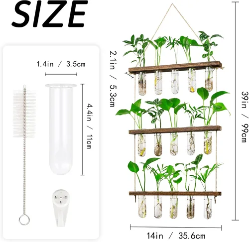 Miniatura 4 de Estación de Propagación de 3 Niveles Grandes para Pared, Terrario de Plantas con Soporte de Madera, Tubo de Prueba Retro para Plantas Hidroponías