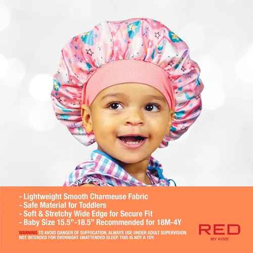 Miniatura 5 de Red by Kiss Gorro de satén para dormir para niños pequeños, suave, elástico y seguro, protege el cabello frágil del encrespamiento y la rotura
