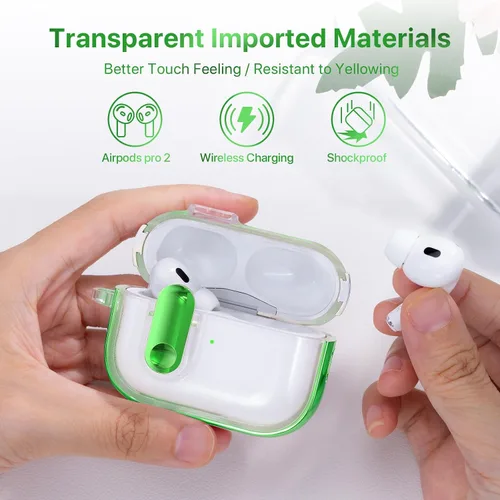 Miniatura 5 de RFUNGUANGO (con cerradura de seguridad) Funda protectora transparente para AirPods Pro de 2.ª/1.ª generación, Funda protectora de TPU suave Verde