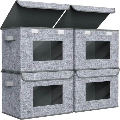 Miniatura 12 de Univivi Cajas de almacenamiento plegables de tela con tapas para ropa, [paquete de 3] cajas organizadoras de armario con asas para el hogar, Beige