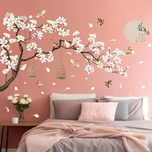 Calcomanías de pared de estilo chino, árbol negro y pájaros voladores, removibles, decoración de pared, murales para niños, guardería, oficina,