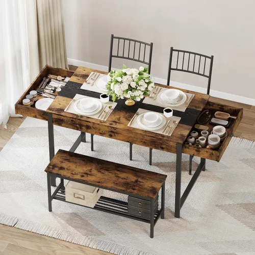 Miniatura 8 de IDEALHOUSE Juego de mesa de comedor para 4 personas, mesa de cocina pequeña y 2 sillas para 4 con banco, juego de mesa rectangular de granja de Gris